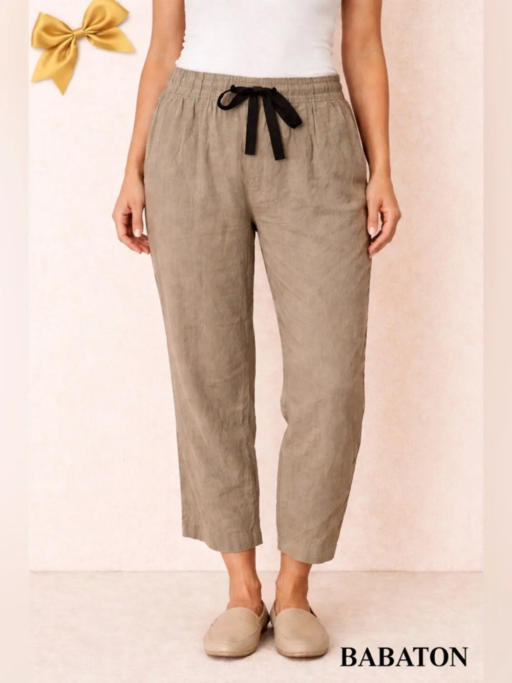 Aritzia Babaton Errol Linen Blend Cropped Pants Olive Taupe Drawstring Size M